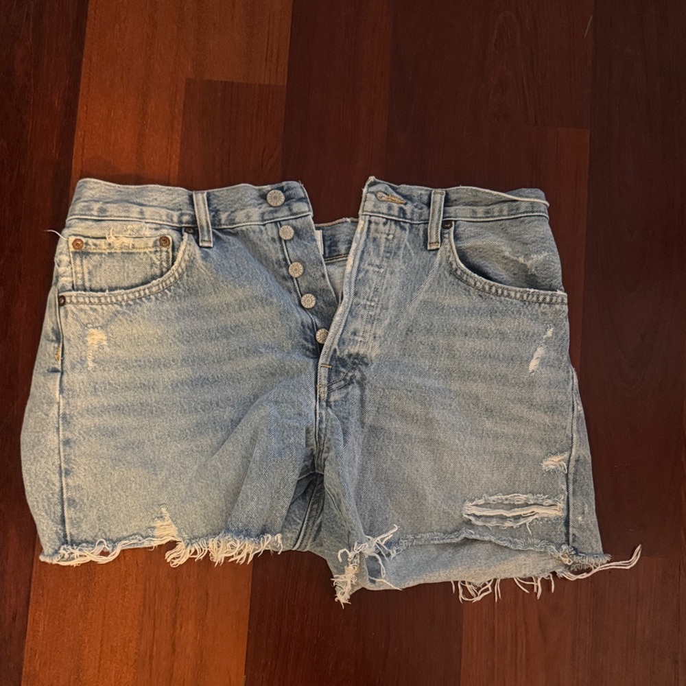 Agolde Parker Long Light Blue Distressed Jean Shorts